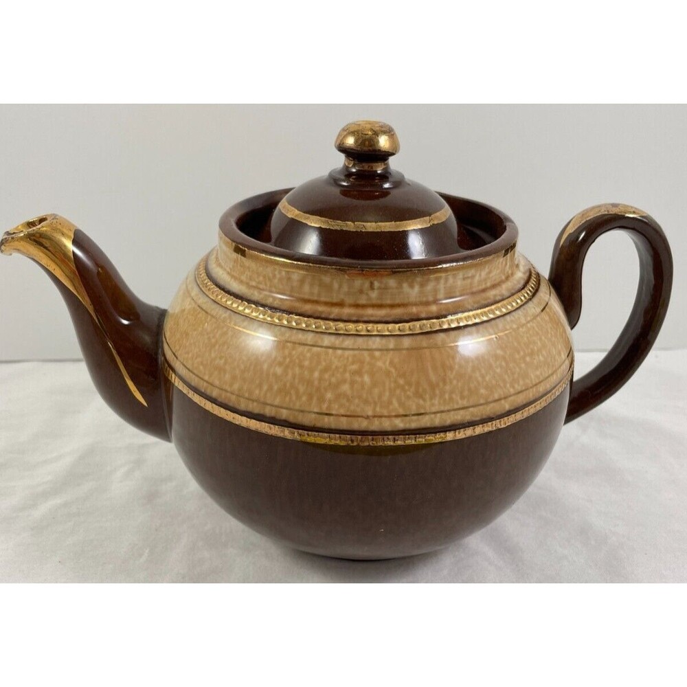 ALB Alcock Teapot Gold Band Stripe Brown Betty Pottery Tea England Vintage